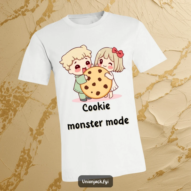 Funny t-shirt depicts a character sharing a giant cookie with a friend, showcasing humorous friendship and the joy of sweet treats.