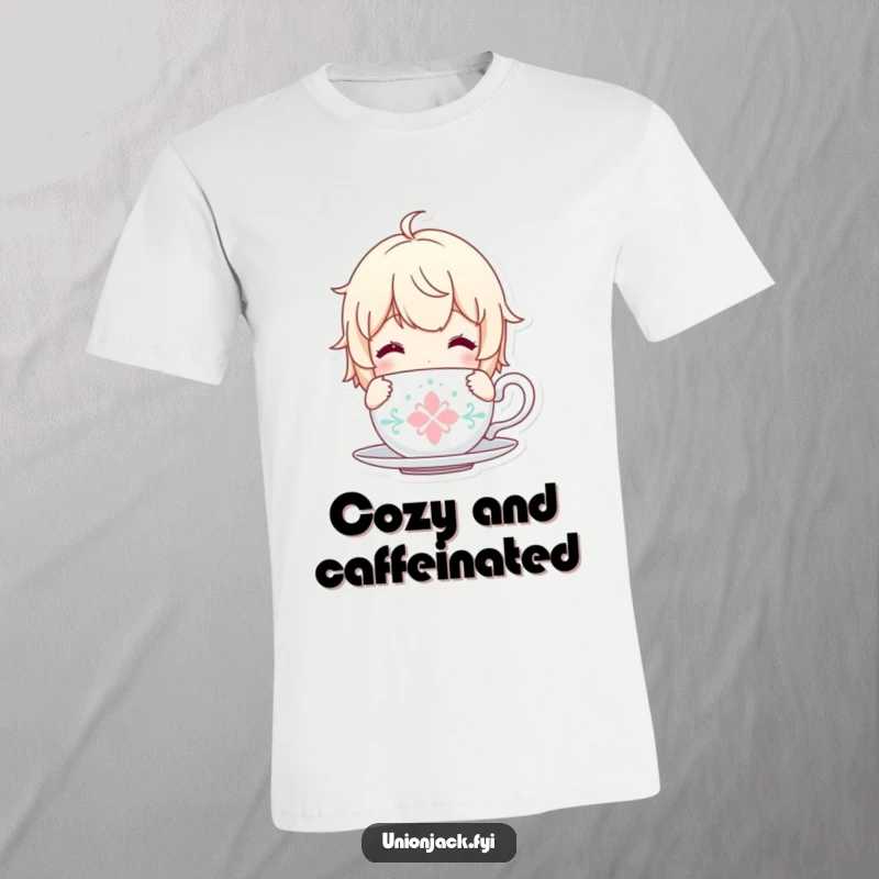Funny t-shirt depicting a character holding a tea cup, looking utterly content and at ease.