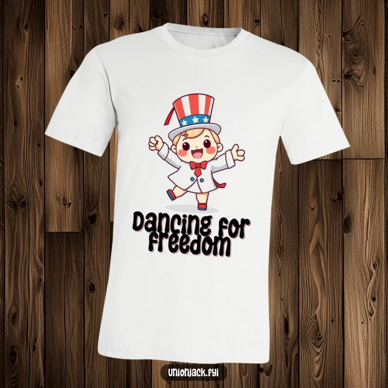 Funny t-shirt with a happy character performing a patriotic jig, celebrating with joyful national spirit.