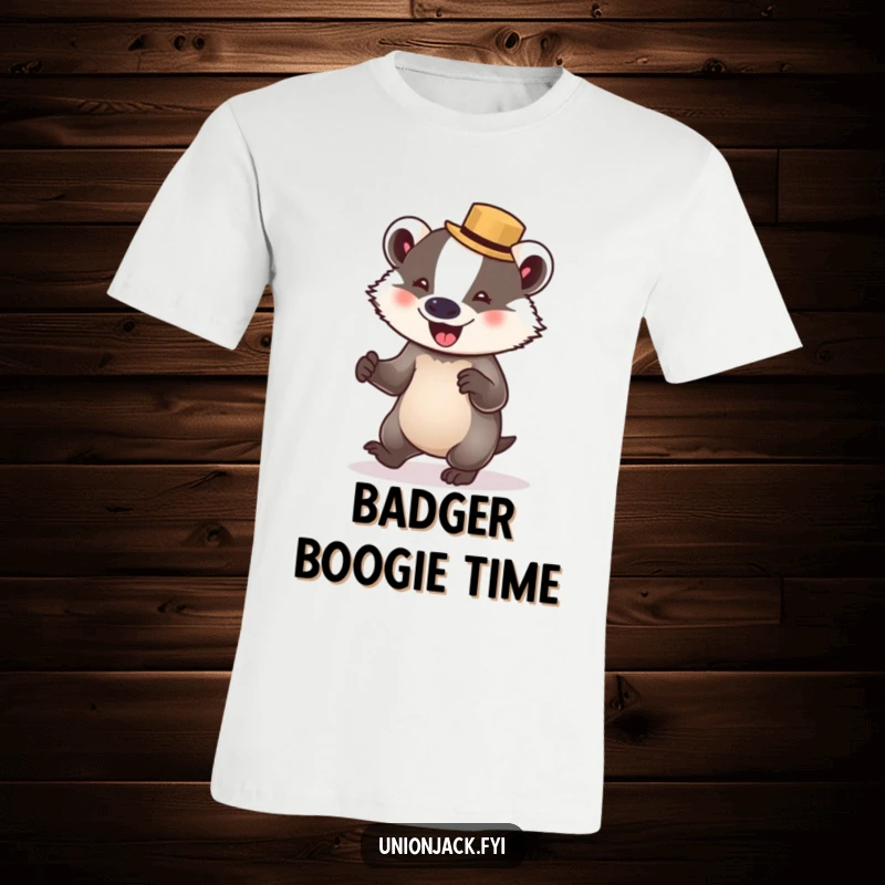 Funny badger t-shirt features a delighted badger in a bowler hat, mid-waltz, with a look of pure joy and comical movement.