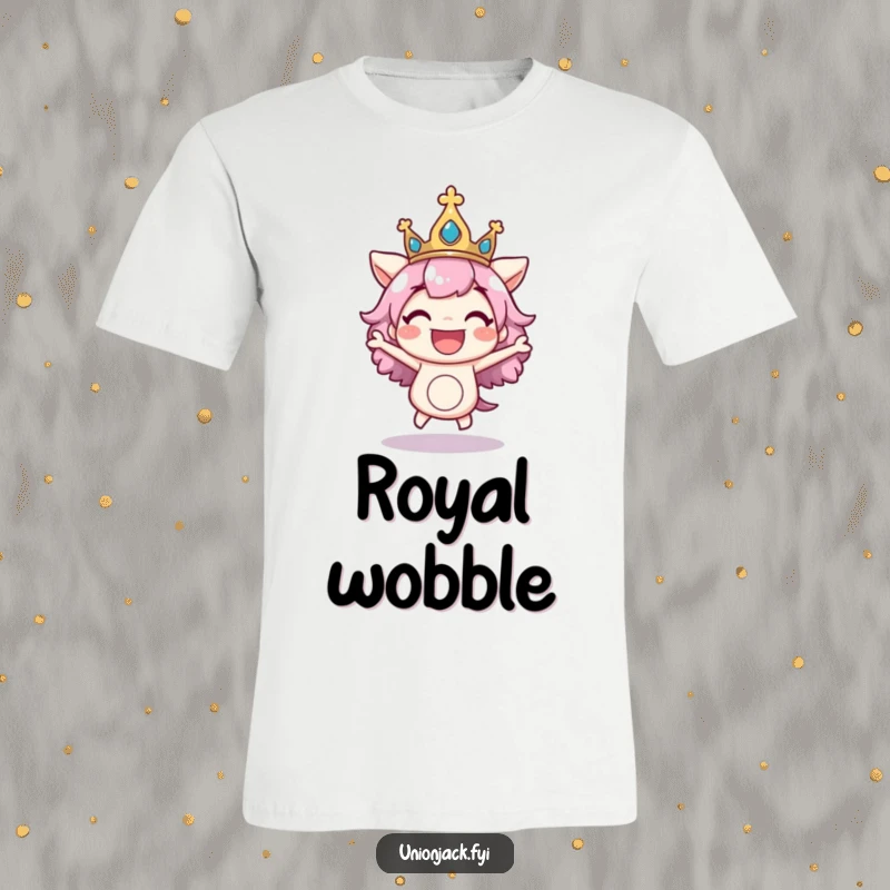 Funny t-shirt with a character excitedly bouncing with a regal crown askew, capturing exuberant joy and a playful sense of royalty.