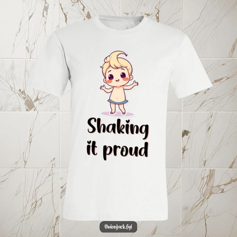 Funny t-shirt featuring a character doing a silly, proud dance with noticeable hip wiggles, expressing joy and playful exuberance.