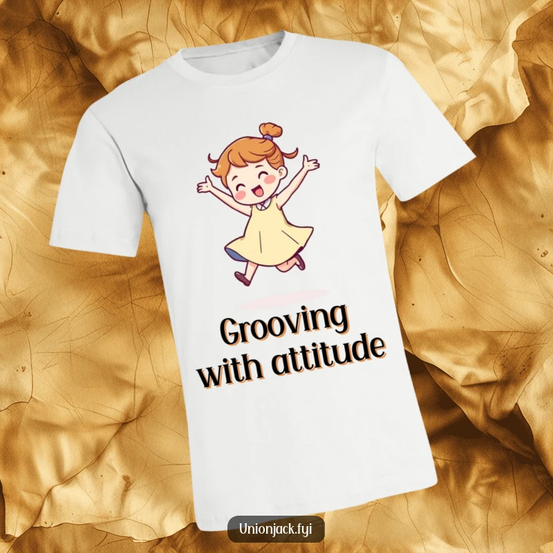 Funny t-shirt showcasing a character dancing with a jaunty and energetic stride, radiating pure joy. Ideal for party lovers and those with a playful sense of humor.