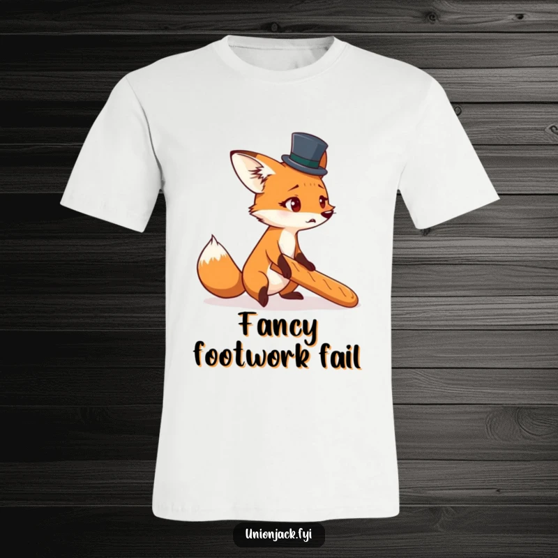 Funny t-shirt with a startled fox in a top hat, comically tripping over a baguette, perfect for a chuckle.