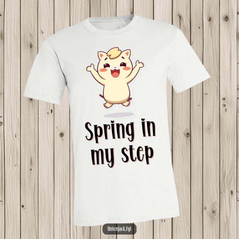 Funny t-shirt featuring a cheerful character in mid-air during a silly, exuberant hop, radiating pure fun.