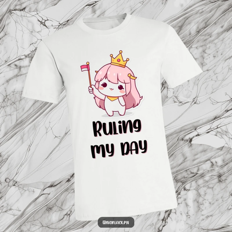 Funny T-Shirt: Character with a tiny crown and waving flag, symbolizing small-scale leadership and cheerful greetings.