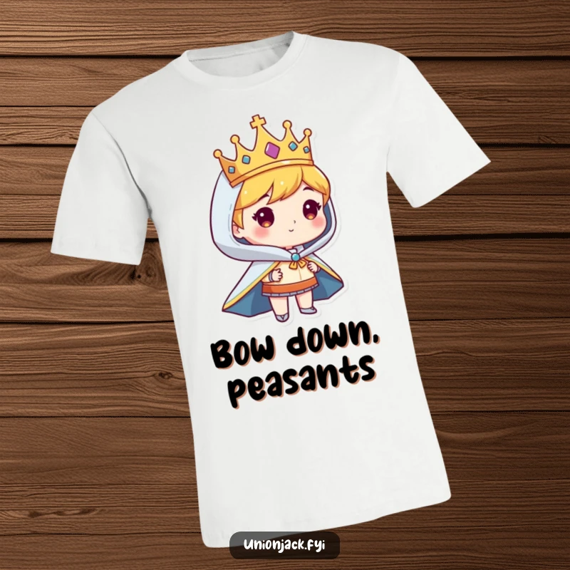 Funny t-shirt showing a character in a crown and cape, looking regal and humorous, perfect for statement wear.