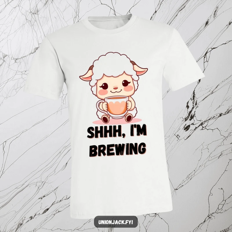 Funny t-shirt with a sheepish character grinning slyly while offering a steaming cup of tea, a cute and humorous wearable art piece.