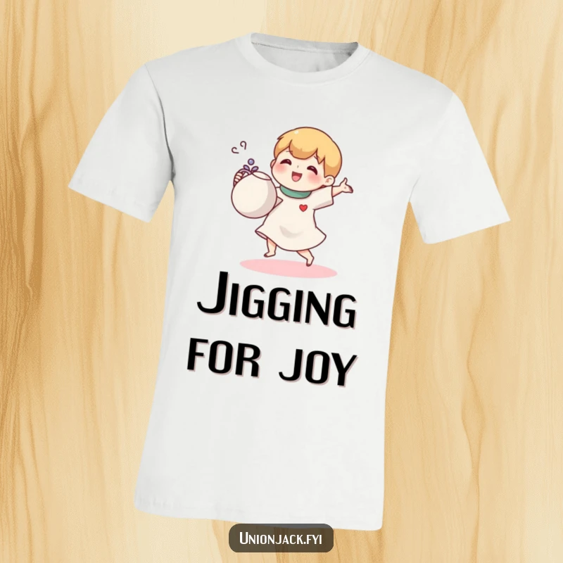 Funny T-shirt of a small cartoon character joyfully doing a jig with a teapot, exuding cheerful tea-time energy.