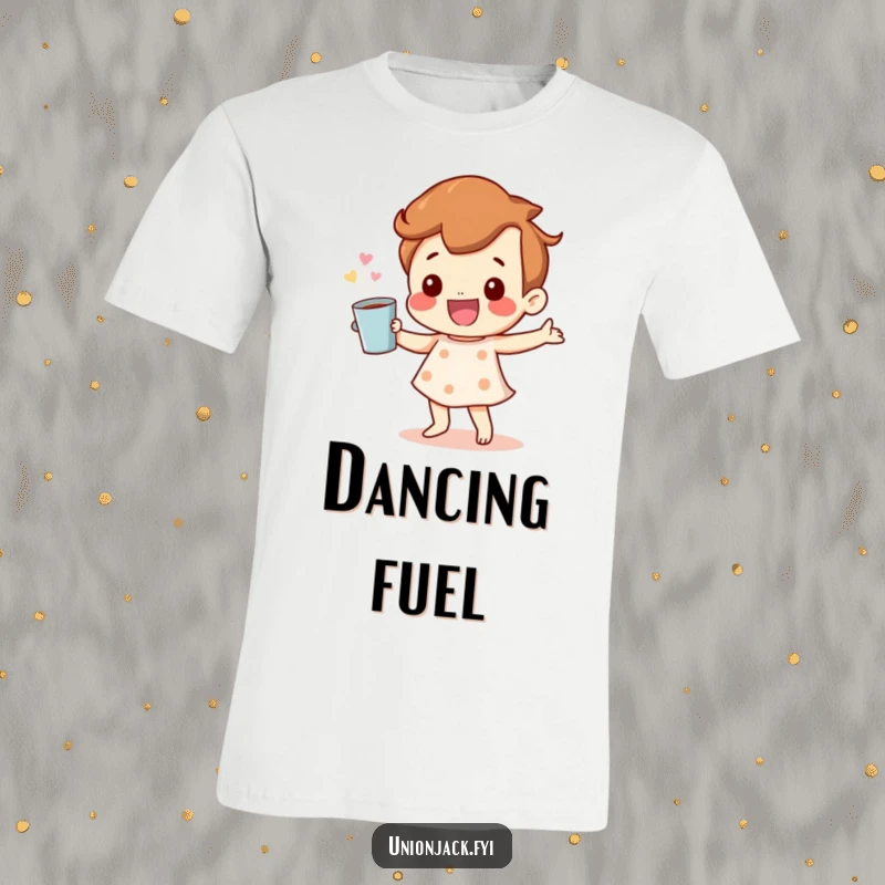 Funny T-Shirt: A cheerful character performing a happy dance while holding a cup, showcasing infectious joy and morning cheer.