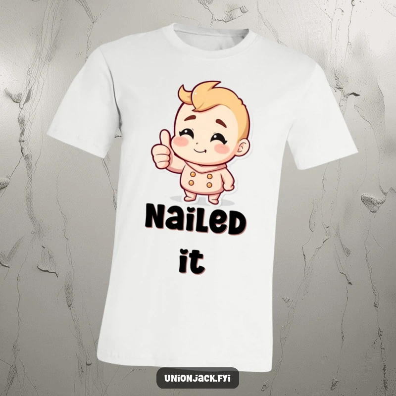 Funny t-shirt showcasing a character giving a bold thumbs up with a sly, cheeky grin, exuding confidence and humor.