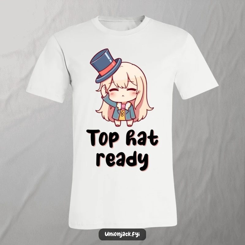 Funny t-shirt featuring a character adjusting a tiny top hat with a comical wink, embodying playful elegance and humor.