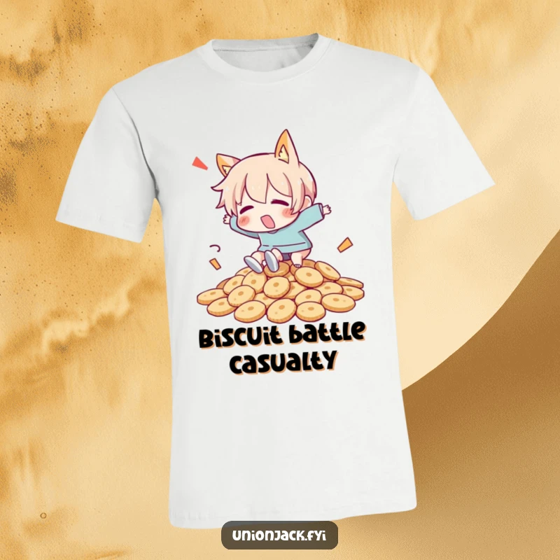 Funny t-shirt with a character comically tripping over an enormous pile of biscuits, expressing pure snack-related pandemonium.
