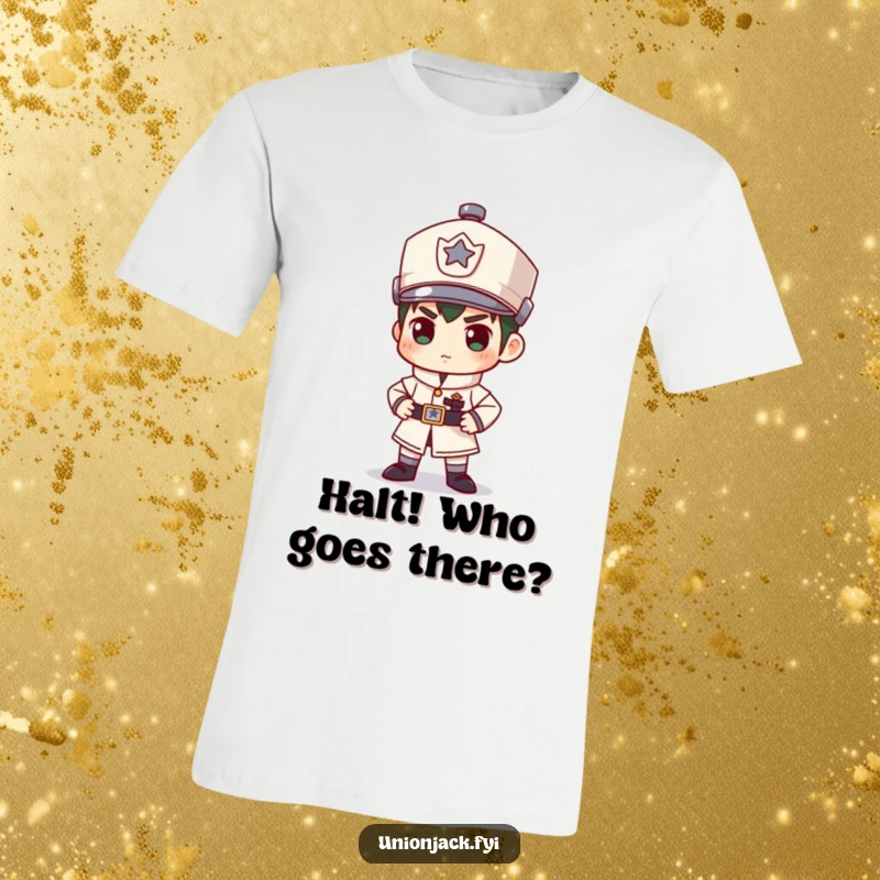 Funny t-shirt depicting a character in an exaggeratedly stiff and formal guard stance, conveying humorous authority and seriousness.