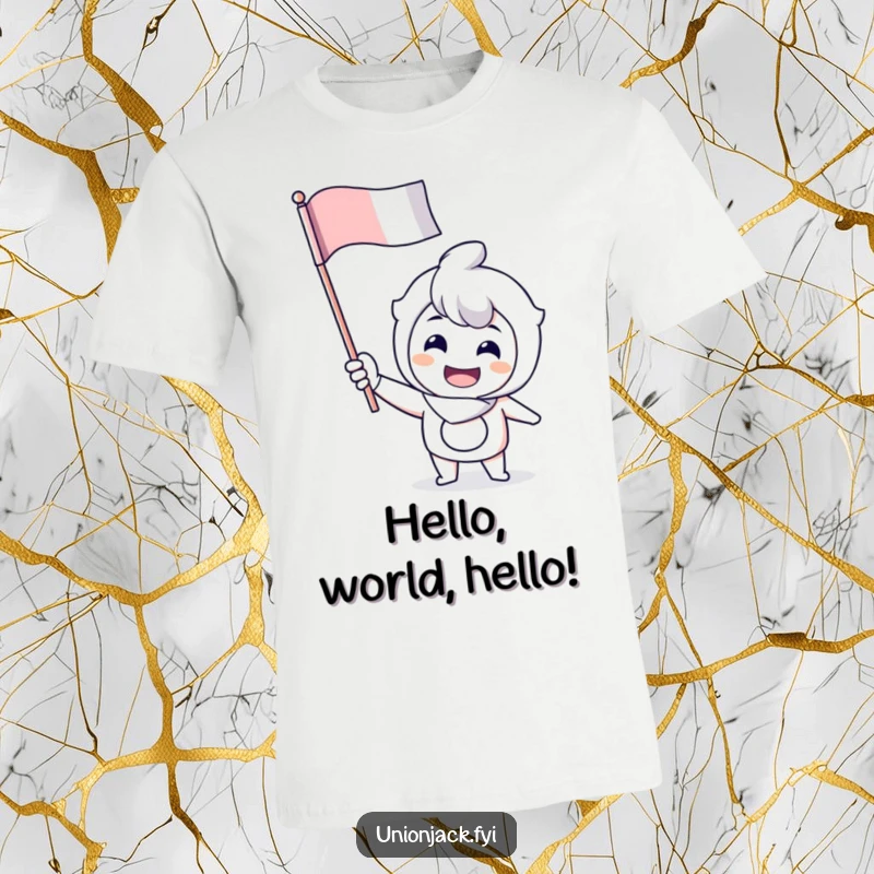 Funny t-shirt with a cheerful character enthusiastically waving a flag, showcasing excitement and a happy disposition.