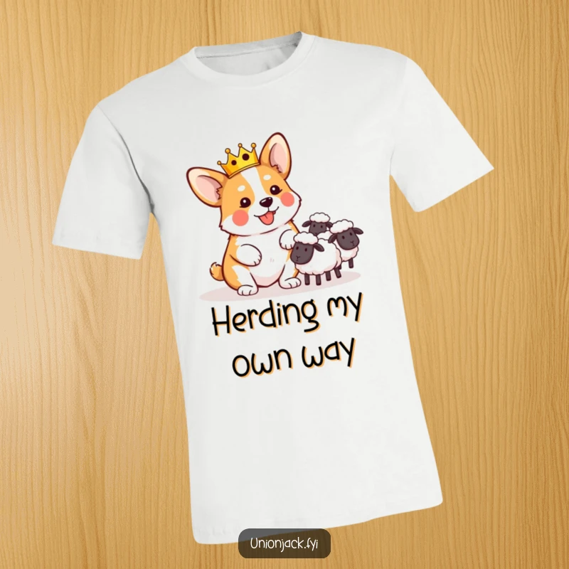 Funny t-shirt with a playful corgi in a crown, comically herding sheep, perfect for dog lovers.