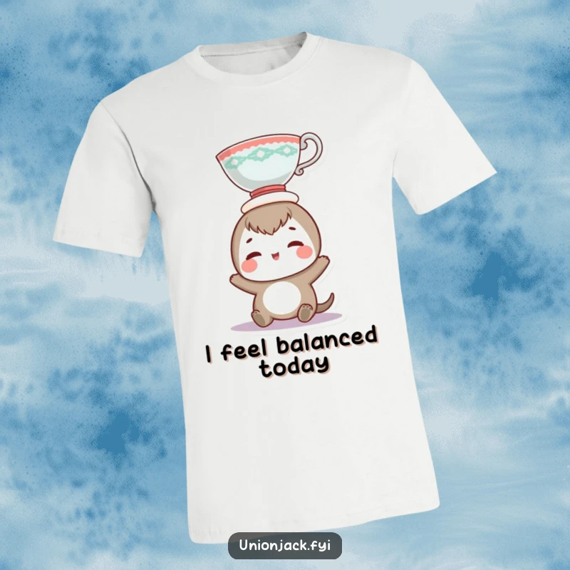 Funny t-shirt with a cheerful character balancing a teacup on its head, embodying playful silliness and charm.