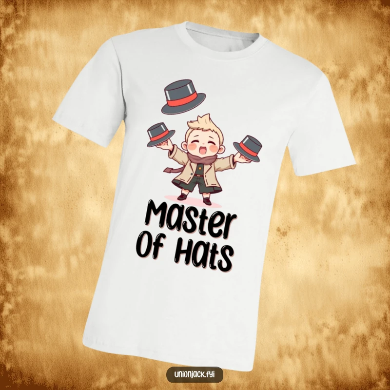 Funny t-shirt depicting a character playfully juggling tiny bowler hats, showcasing skill and humor.
