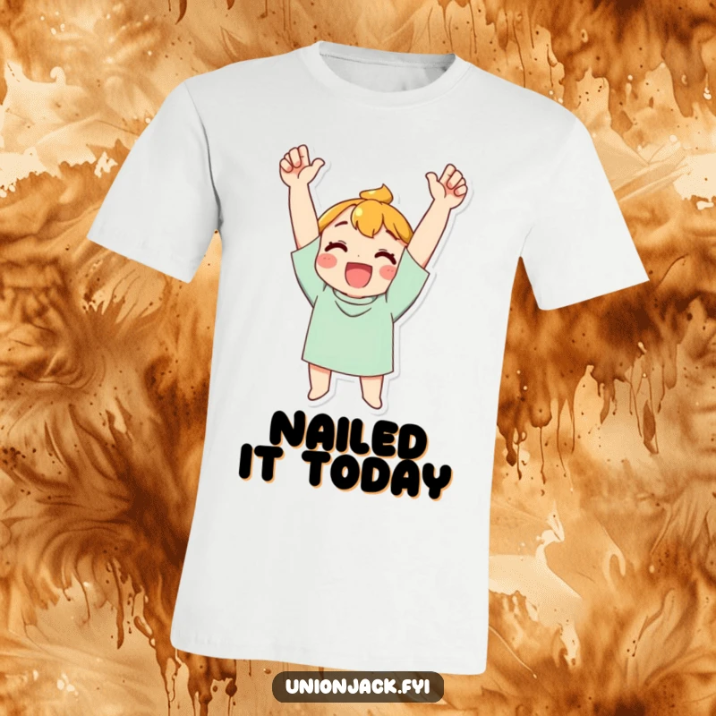 Funny T-Shirt: Character cheering with arms enthusiastically raised, symbolizing victory, achievement, and pure celebration.