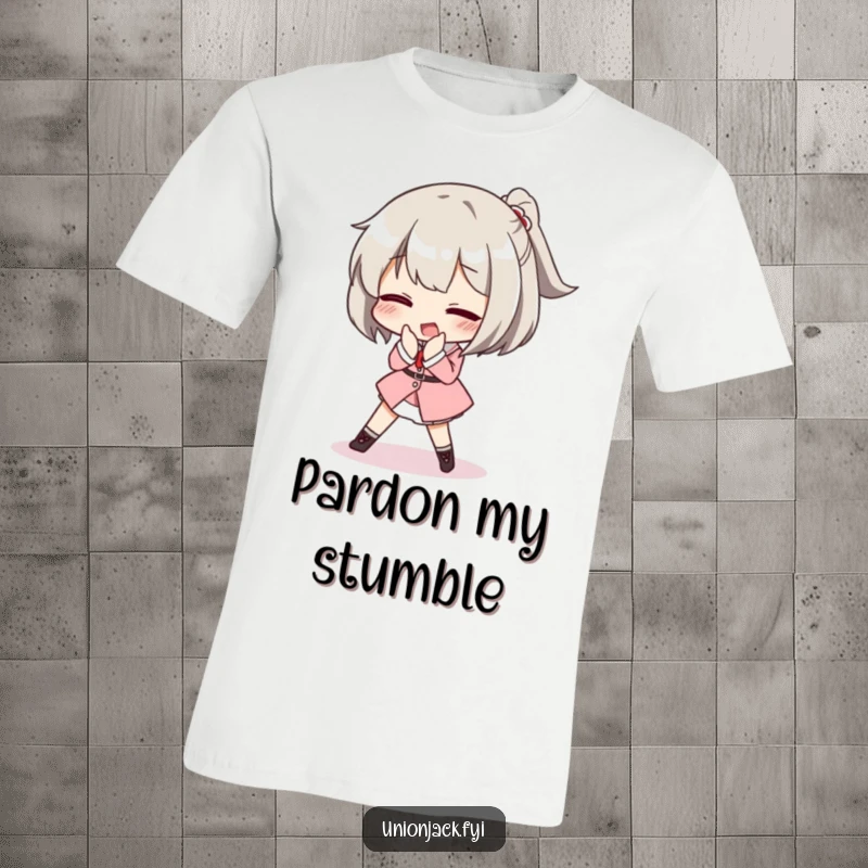 Funny t-shirt with a character comically tripping while attempting a posh curtsey, showcasing elegant mishaps and refined humor.