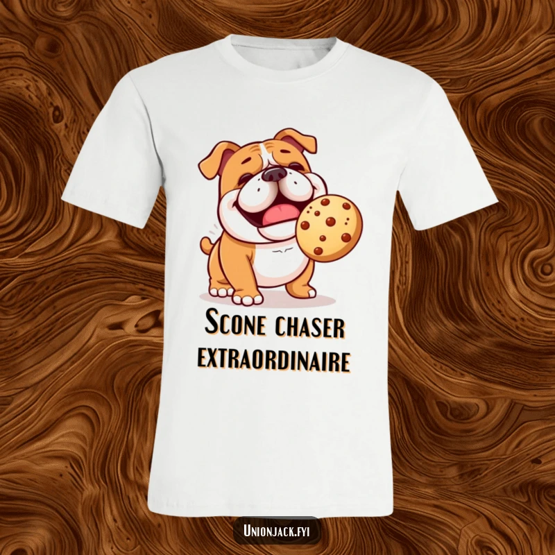 Funny bulldog t-shirt showing a cheerful character comically playing fetch with a bouncing scone, a delightful dog design.