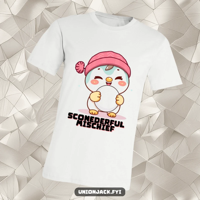 Funny t-shirt with a delighted character slyly winking while holding a delectable scone, perfect for pastry fans.