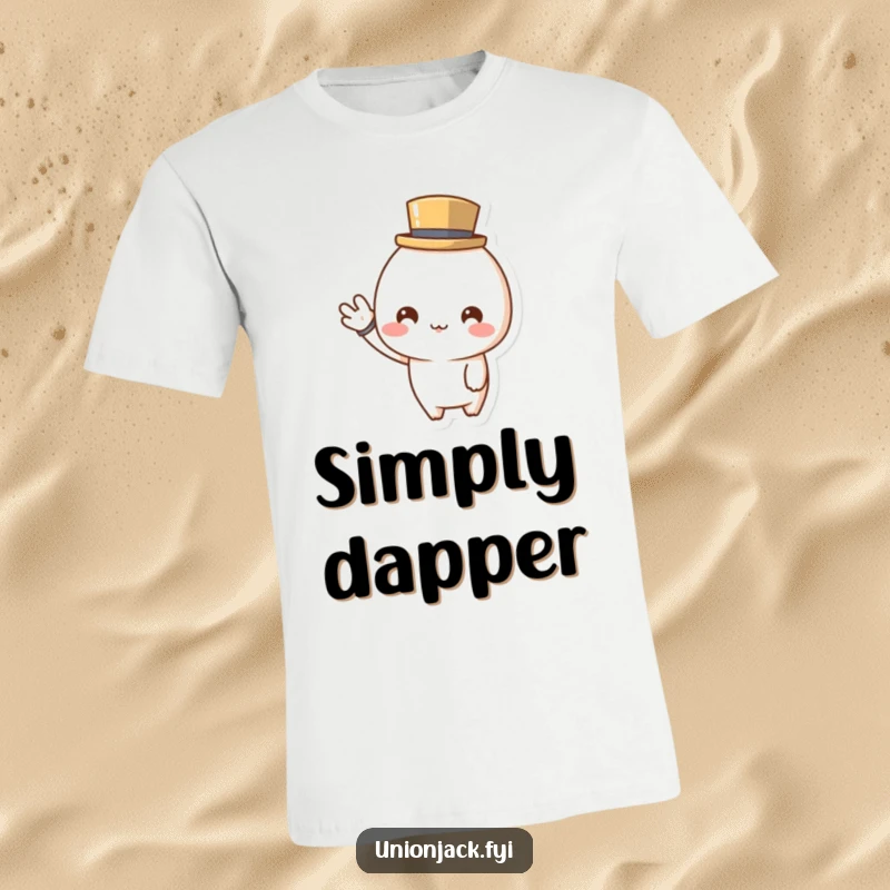 Funny t-shirt with a cute character wearing a tiny top hat, cheerfully waving hello, showcasing dapper style and friendly greetings.