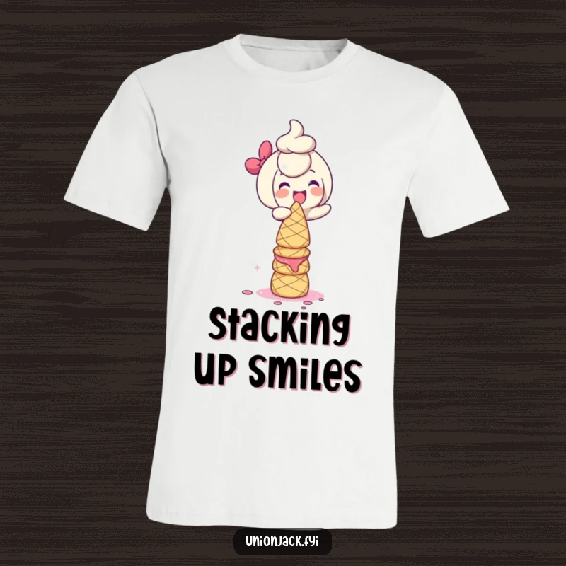Funny T-Shirt: Character giggling with delight while balancing a precarious tower of scones, perfect for food lovers who enjoy humor.