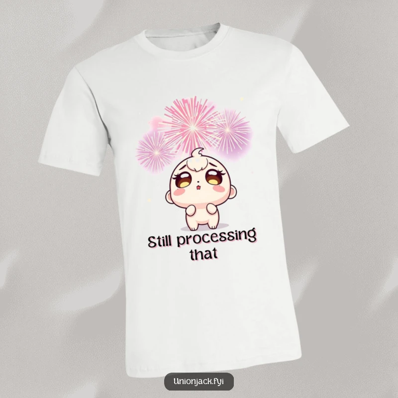 Funny t-shirt displaying a character with wide, amazed eyes gazing up at a spectacular, colorful explosion of celebratory fireworks.