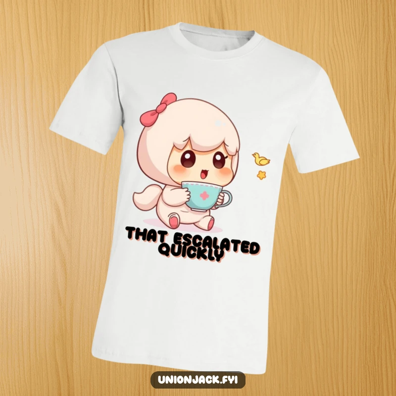 Funny T-shirt featuring a cute character looking utterly surprised by a small teacup hovering in the air.