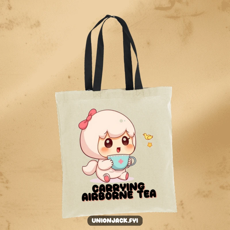 Funny tote bag showing a cute character surprised by a tiny, flying teacup, adding charm to your day.