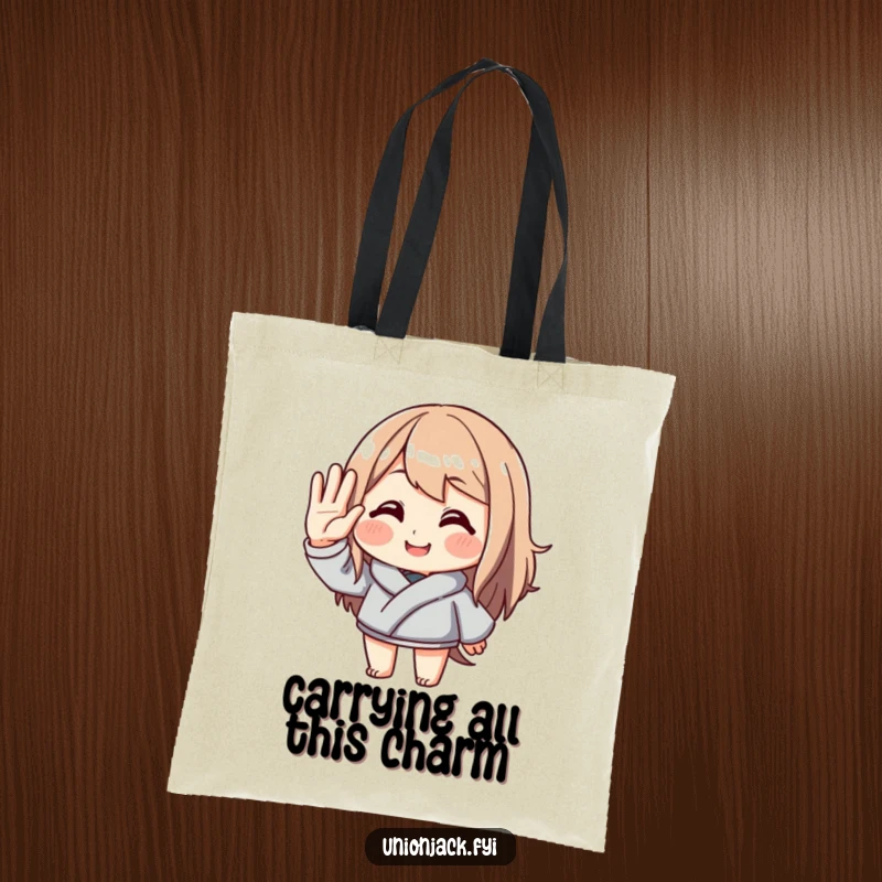 Funny tote bag with a character performing an exaggerated, polite salute and a warm smile, ready for shopping. A humorous and functional accessory for daily use.