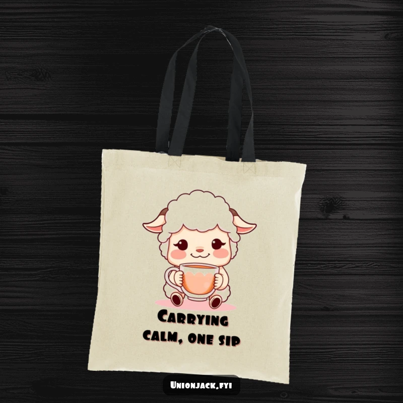 Funny tote bag featuring a sheepish character with a bashful smile, offering a cup of tea, a practical and humorous accessory for everyday use.