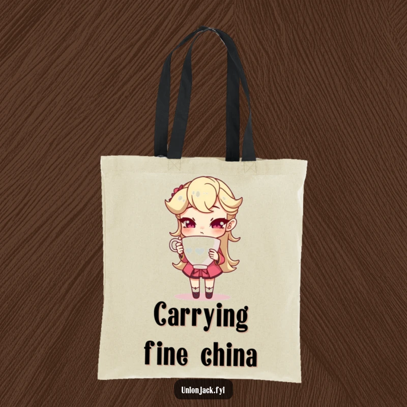 Funny tote bag featuring a character holding a teacup with an exaggeratedly sophisticated pose, perfect for carrying essentials with a touch of humor.