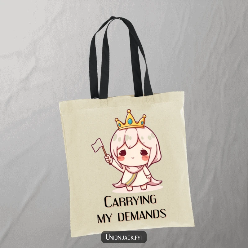 Funny tote bag illustrating a character in a tiny crown waving a small flag, a humorous and regal accessory.