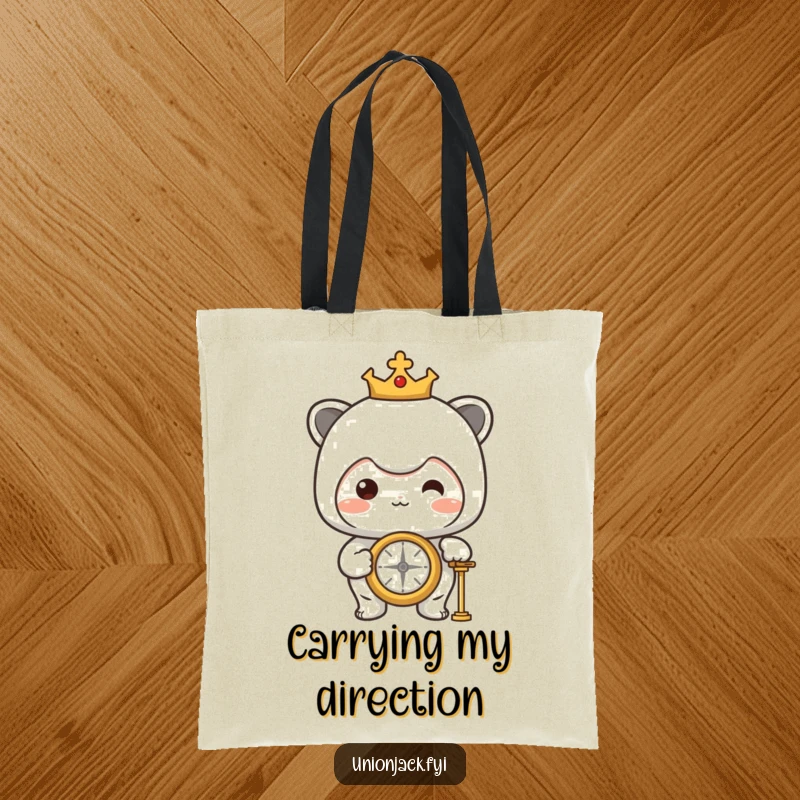 Funny Tote Bag: Character proudly looking at a compass, perfect for carrying adventure gear with a humorous and directional theme.