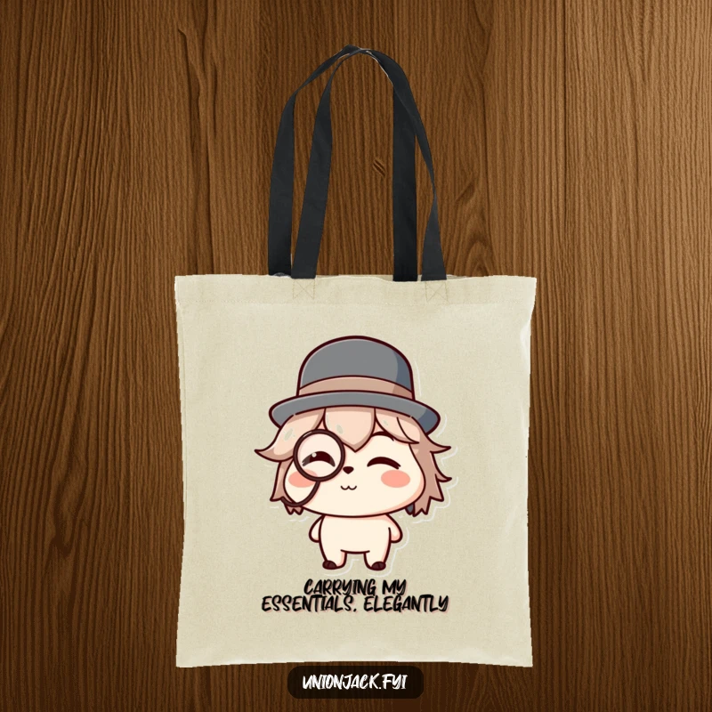 Funny tote bag illustrating a character in a bowler hat and monocle, giving a charming and humorous wink.