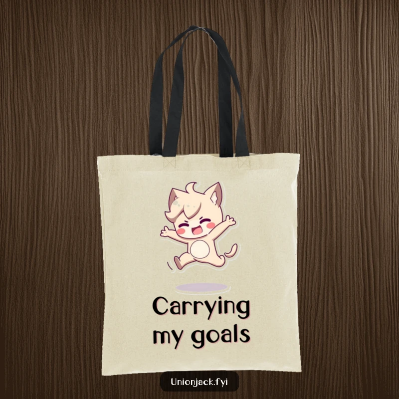 Funny tote bag featuring a character in a determined, playful jump. A practical and humorous accessory for active days.