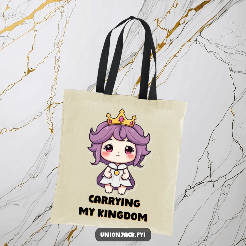 Funny tote bag featuring a character wearing a tiny crown with a regal air, perfect for carrying items with royal flair.