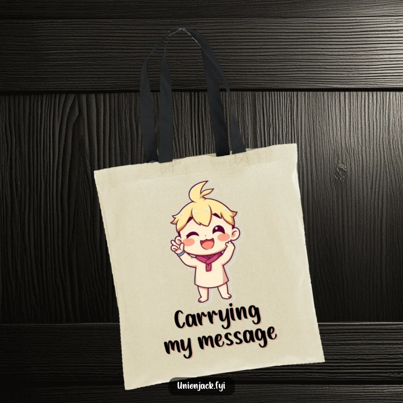 Funny tote bag with a character making a proud announcement gesture, a humorous and practical accessory.