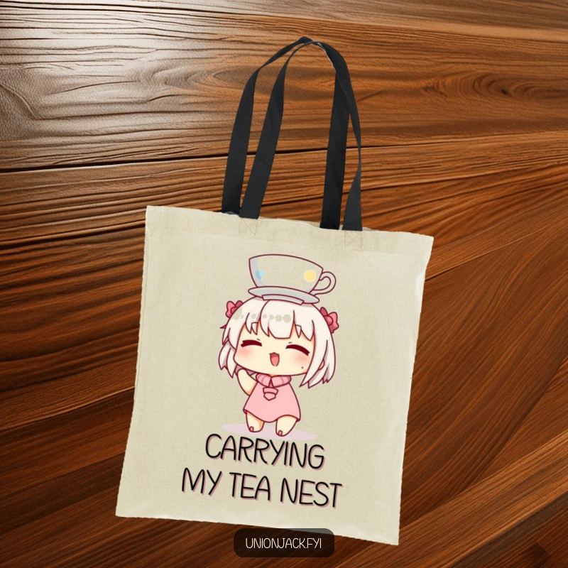 Funny tote bag featuring a winking character in the act of balancing a teacup on their head, a quirky and functional accessory.
