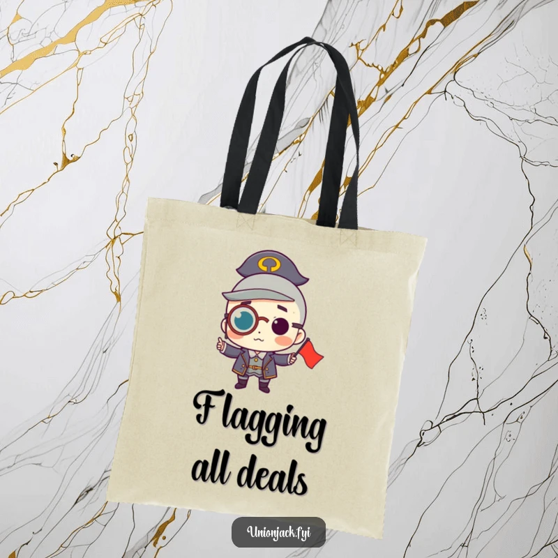 Funny tote bag with a character wearing a monocle, proudly holding a small flag, perfect for stylishly carrying essentials with a refined touch.