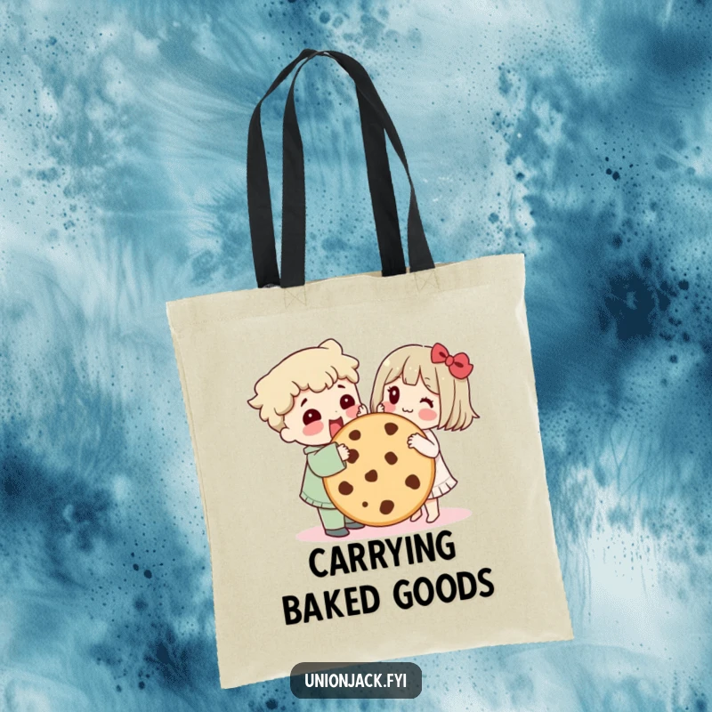 Funny tote bag features a character sharing a giant cookie with a friend, perfect for carrying humor and sweet friendships.