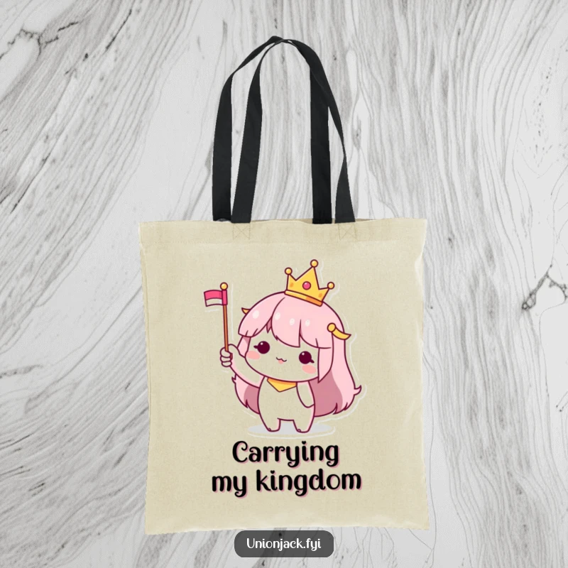 Funny Tote Bag: Character wearing a small crown and waving a flag, suggesting gentle leadership and stylish carrying.