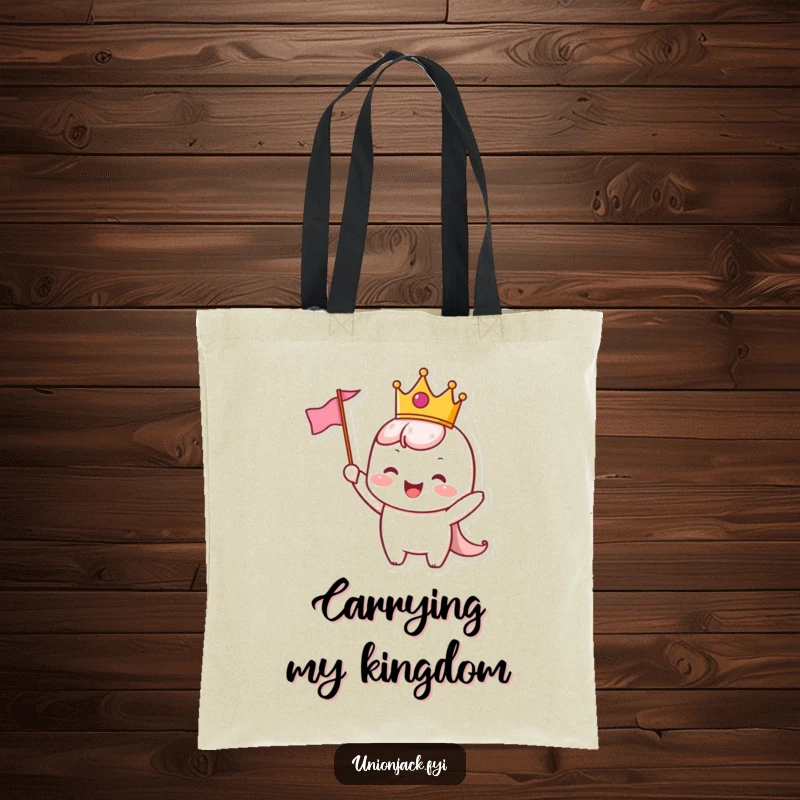 Funny Tote Bag: Cheerful character with a tiny crown joyfully waves a small flag, ready for any celebration.