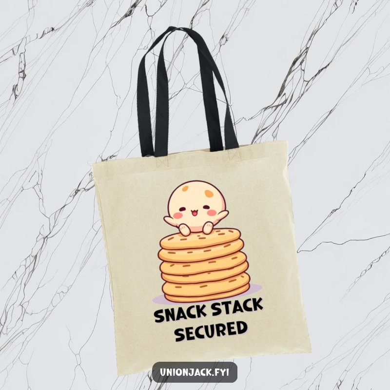 Funny tote bag featuring a character skillfully balancing atop a precarious stack of crumpets. A practical and humorous accessory.