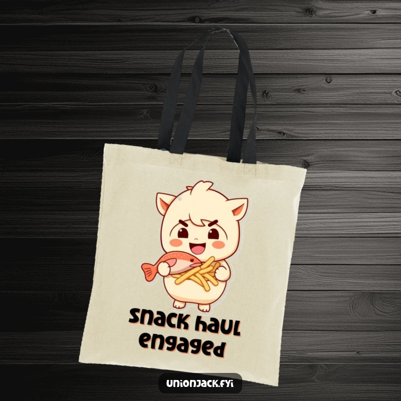 Funny tote bag showing a character with a mischievous grin holding a delicious portion of fish and chips. A humorous and practical accessory.