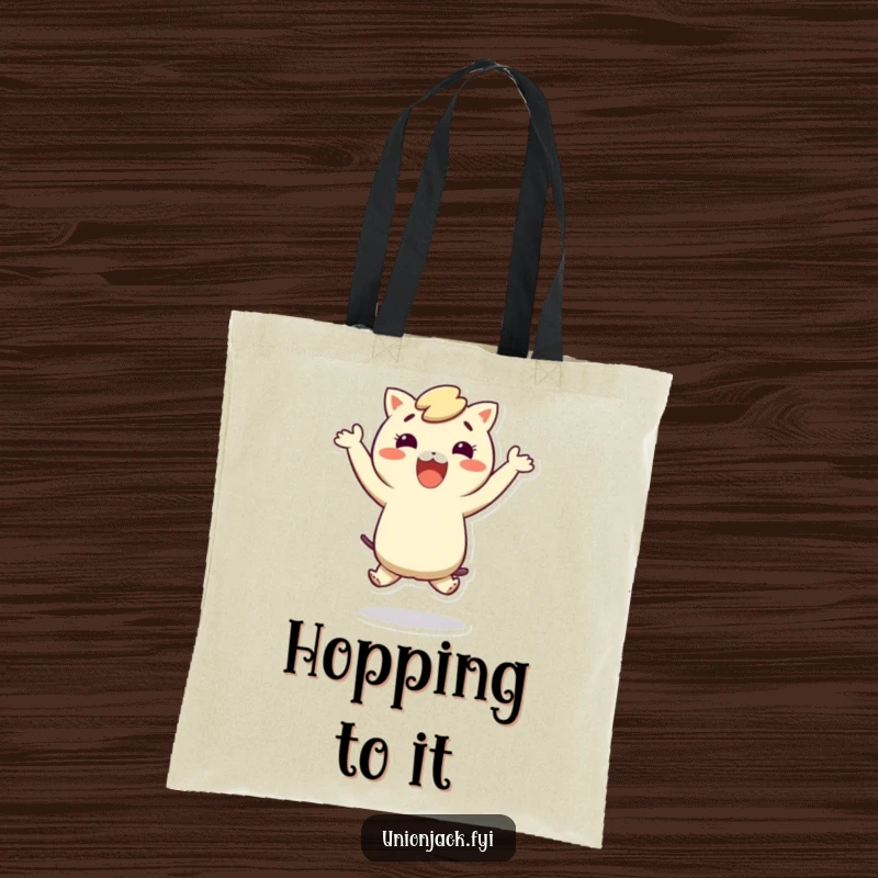 Funny tote bag showcasing a character in a funny, enthusiastic hop, ideal for shopping or daily use.