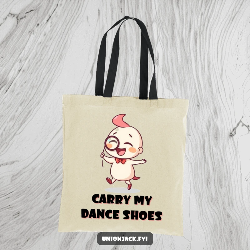 Funny tote bag with a character performing a joyful jig while sporting a monocle, perfect for carrying essentials with flair.