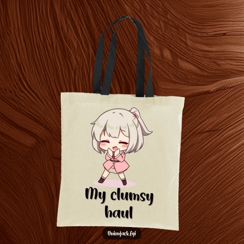 Funny tote bag with a character comically tripping while attempting a posh curtsey, perfect for carrying essentials with a touch of refined humor.